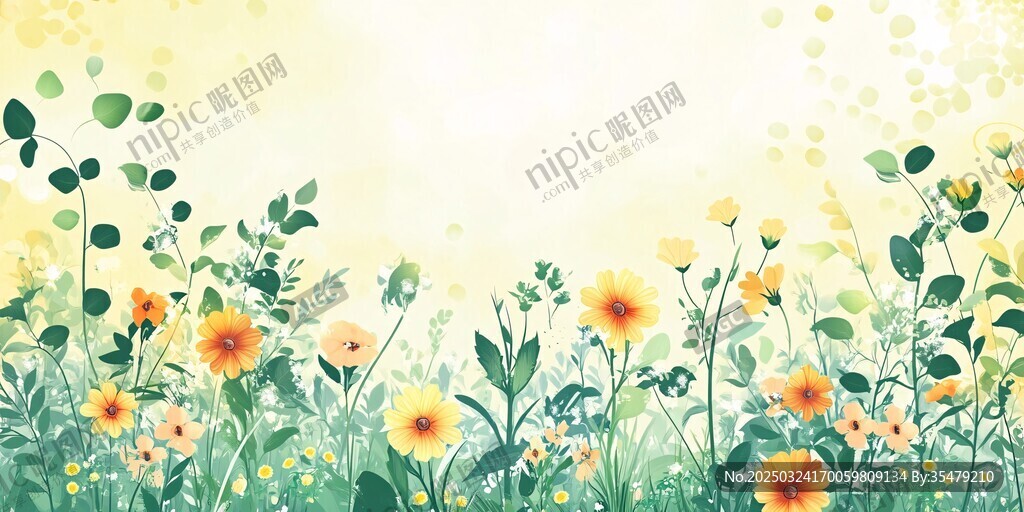 春日爛漫花草風景插畫