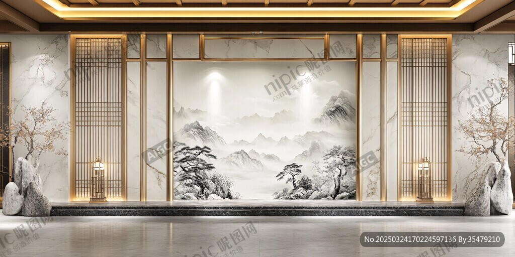 中式山水意境大廳背景墻