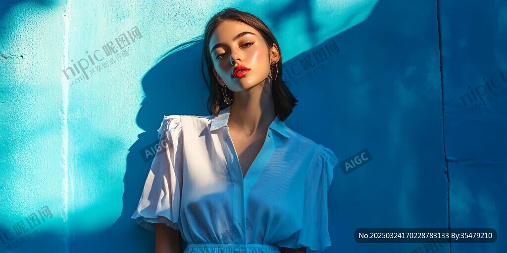 藍(lán)墻前的時(shí)尚氣質(zhì)女子