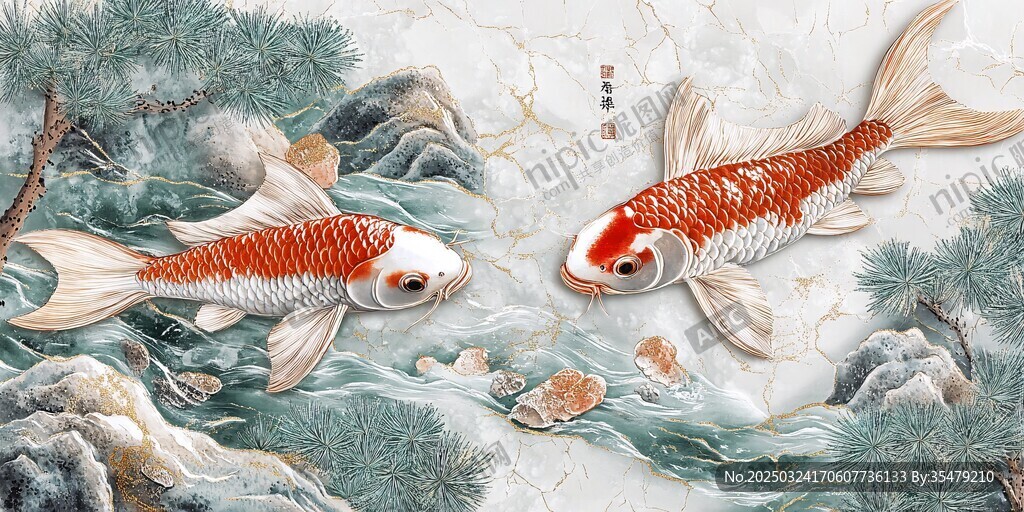 雙鯉戲游于山水松景間