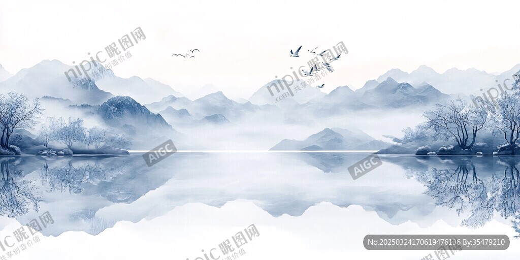 水墨山水間的靜謐湖景