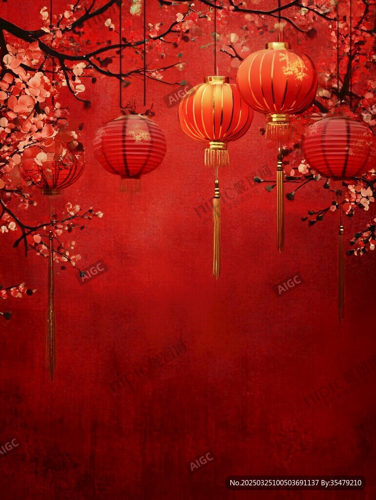喜慶紅燈籠與繁花背景
