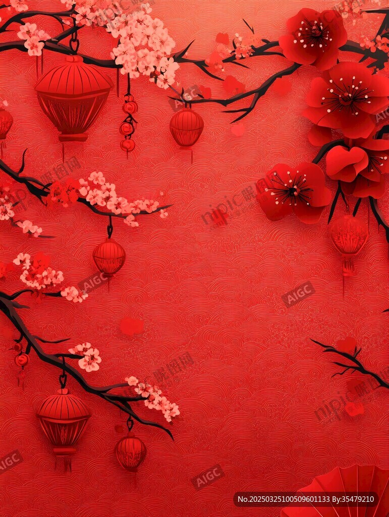 喜慶紅梅燈籠中式背景圖