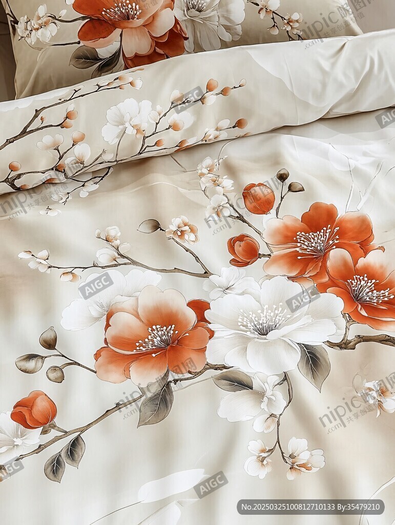 中式花卉圖案精美床品