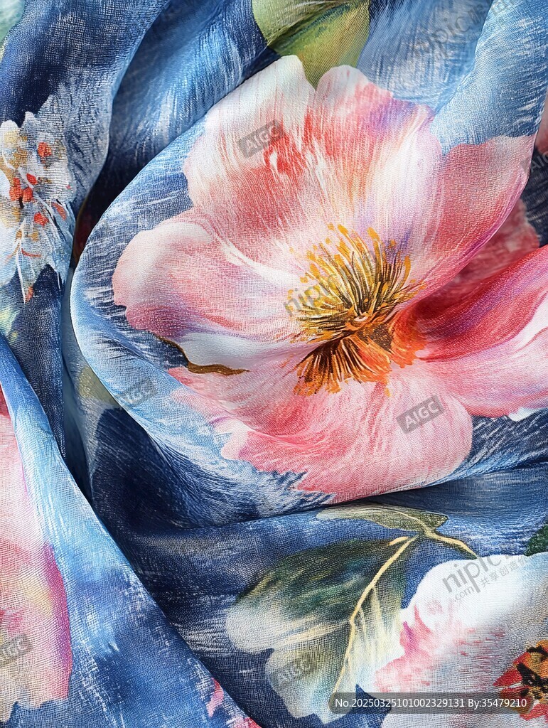 花卉图案蓝色丝绸布料 花卉图案蓝色丝绸布料