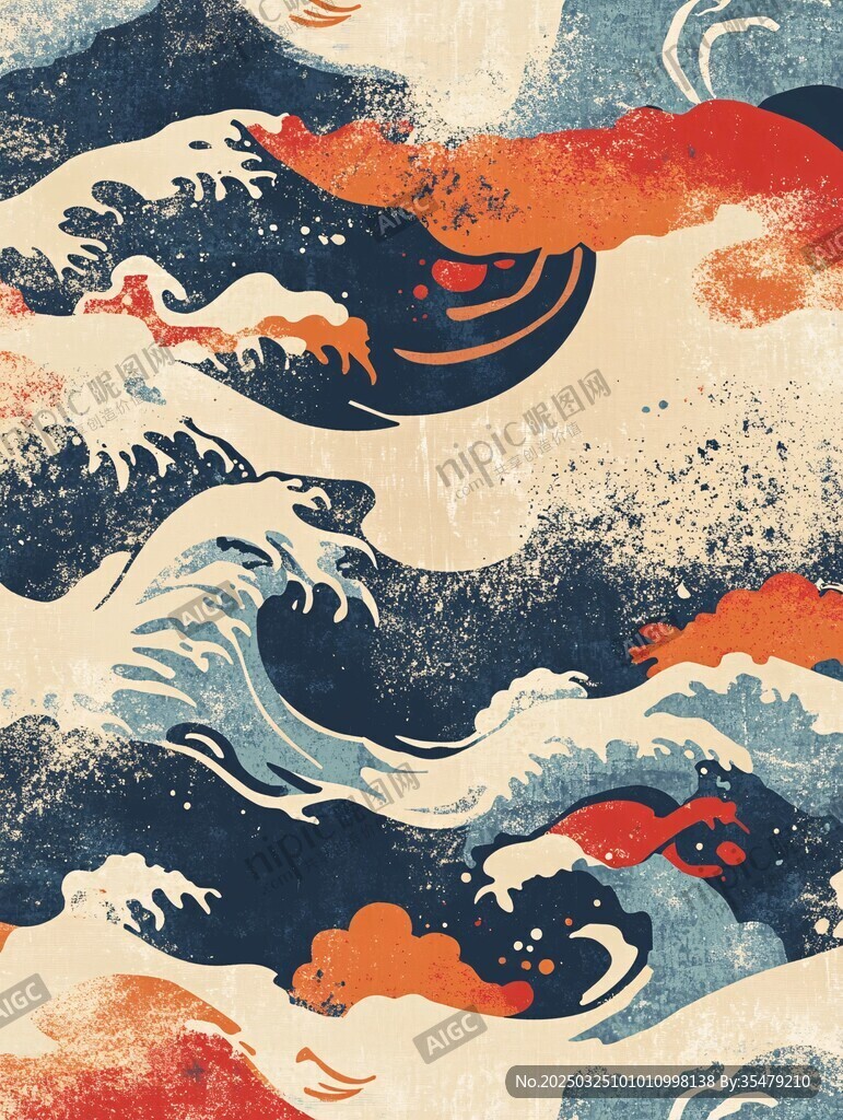 日式海浪鱼群抽象艺术图案 日式海浪鱼群抽象艺术图案