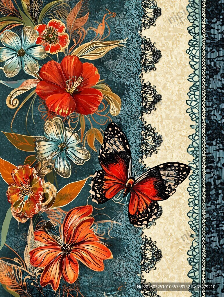 花卉蝴蝶与蕾丝复古图案 花卉蝴蝶与蕾丝复古图案