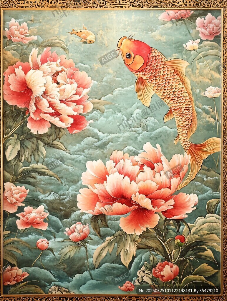 錦鯉戲牡丹 祥瑞滿畫中