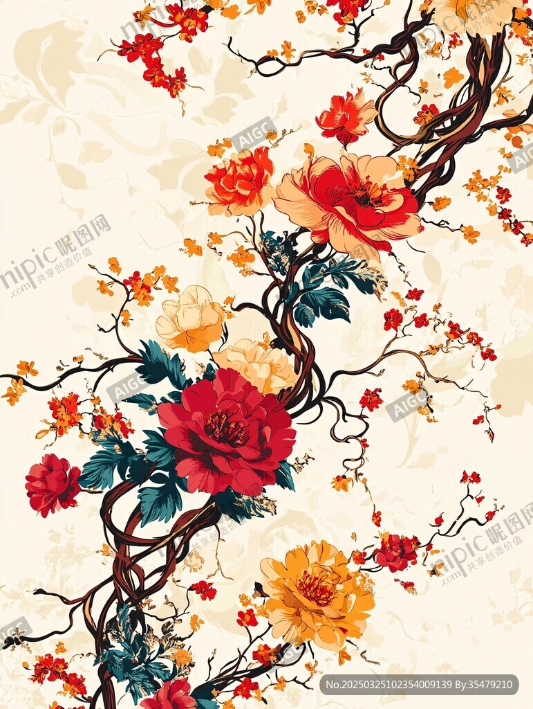 中式繁花枝頭插畫圖案
