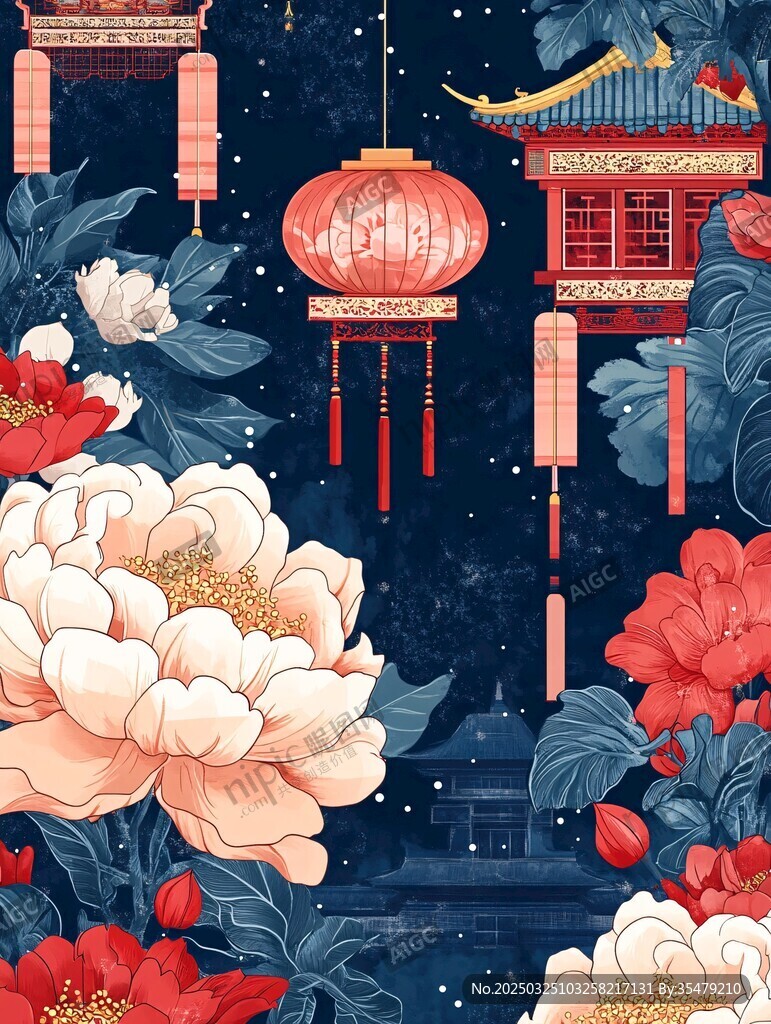 中式夜景牡丹燈籠古建筑