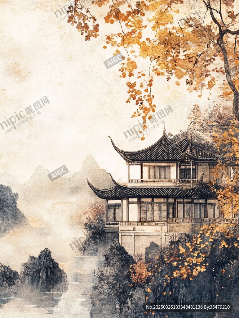 秋景中式樓閣山水畫卷