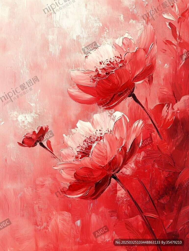紅色花卉油畫藝術作品