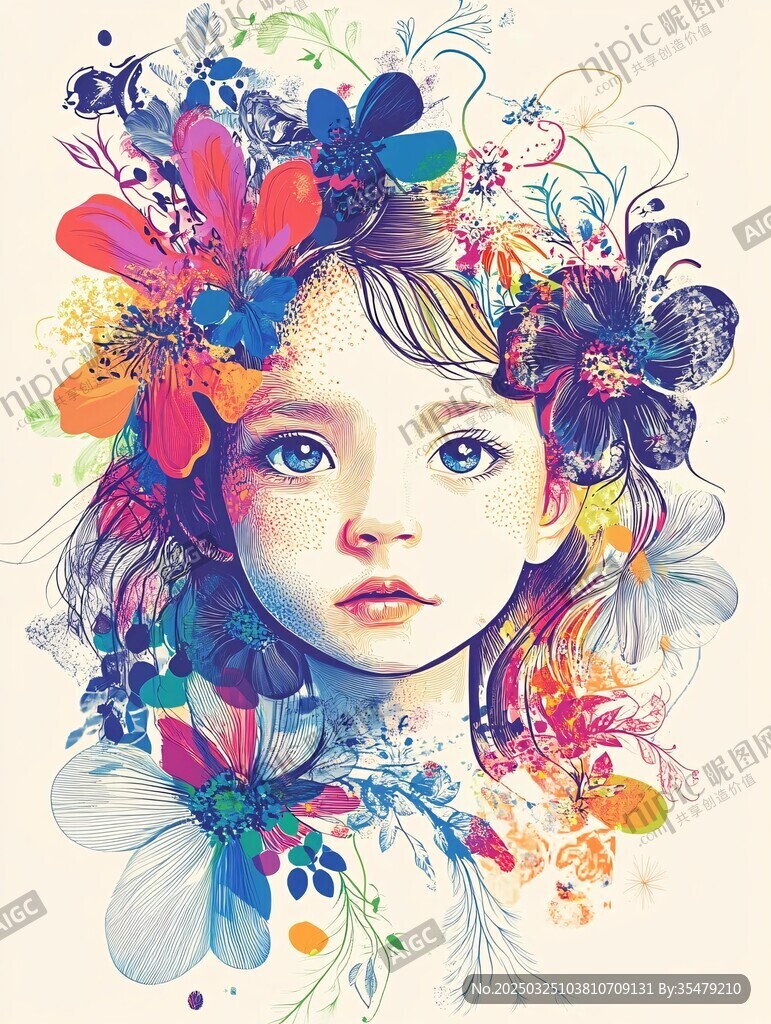 夢(mèng)幻花朵少女插畫(huà)