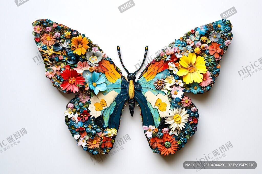 花卉拼貼蝴蝶藝術作品