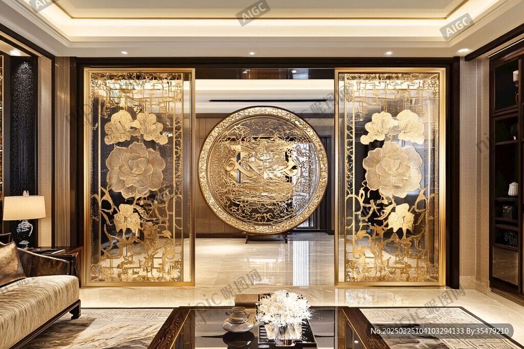 奢華中式客廳金屬雕花隔斷
