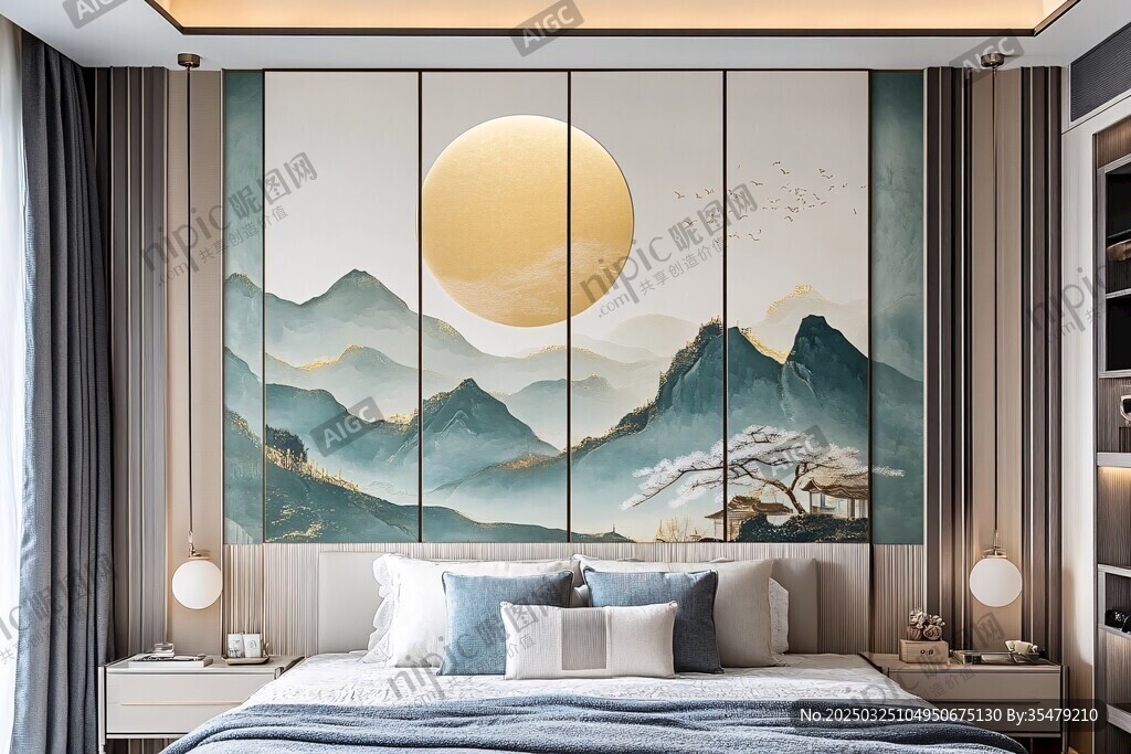 中式山水風(fēng)臥室裝飾畫