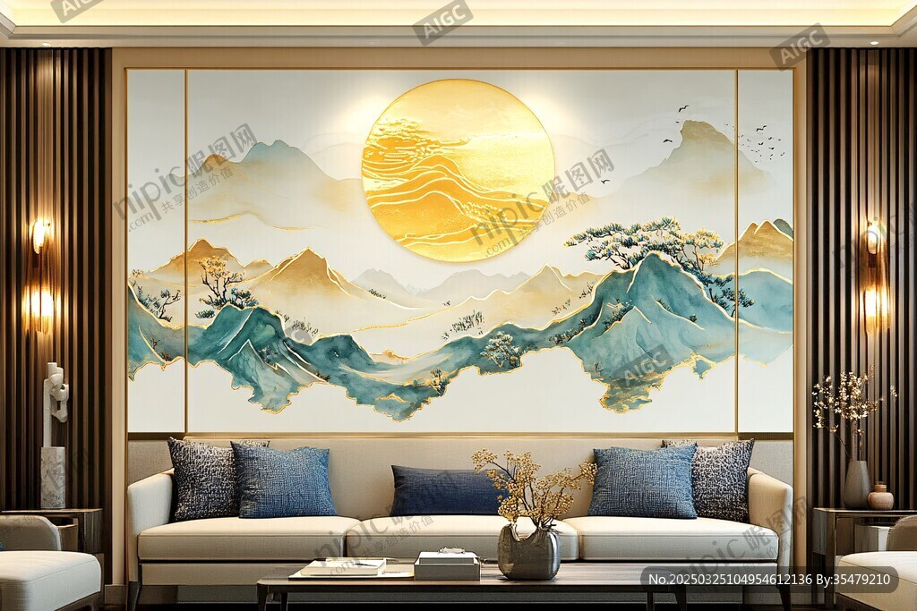 中式客廳山水背景墻裝飾