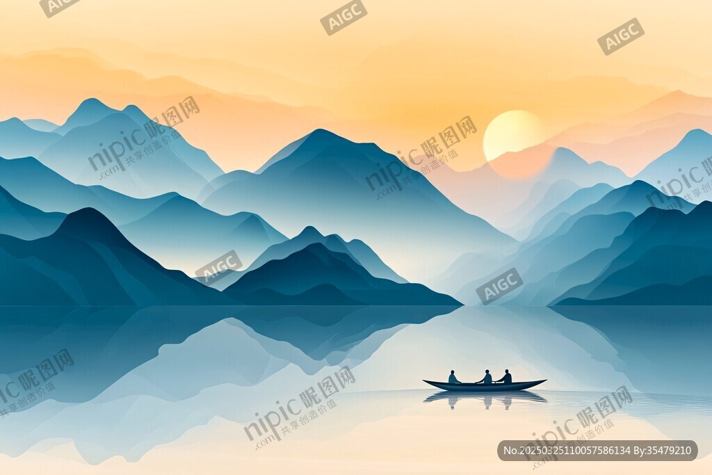 山水間孤舟伴落日美景