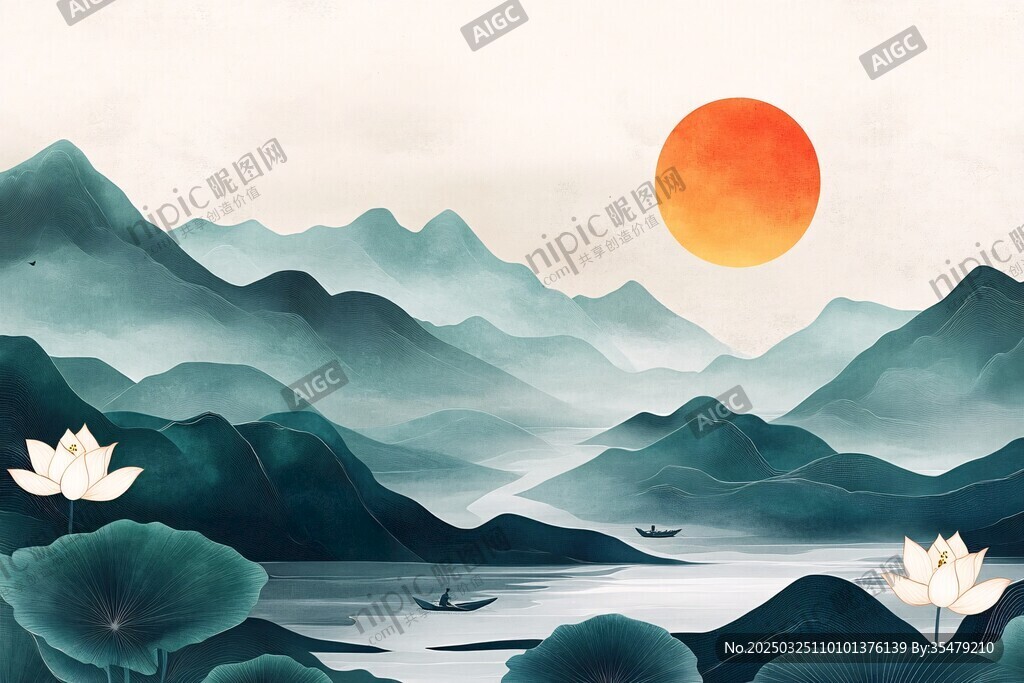 水墨山水間的日出盛景