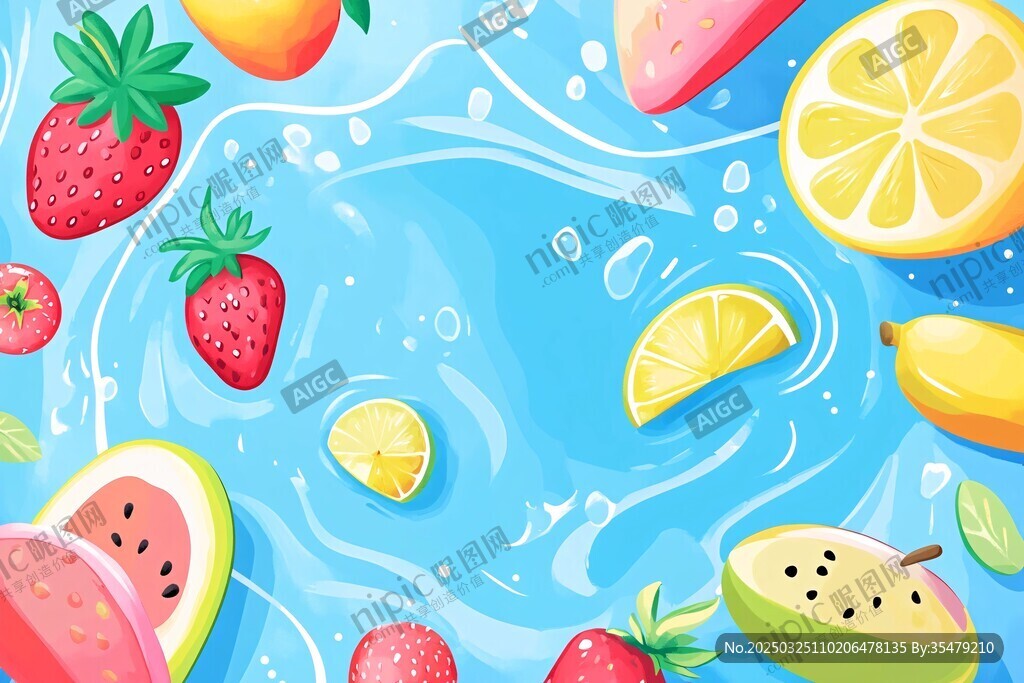 夏日繽紛水果泡水插畫