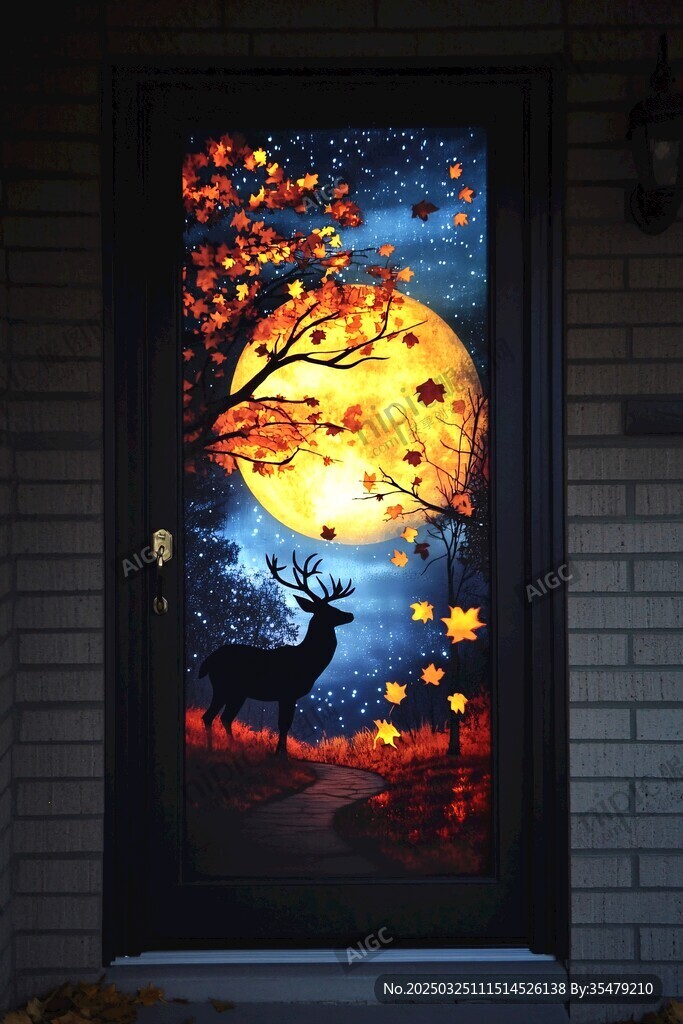 夢幻秋夜鹿影門貼畫