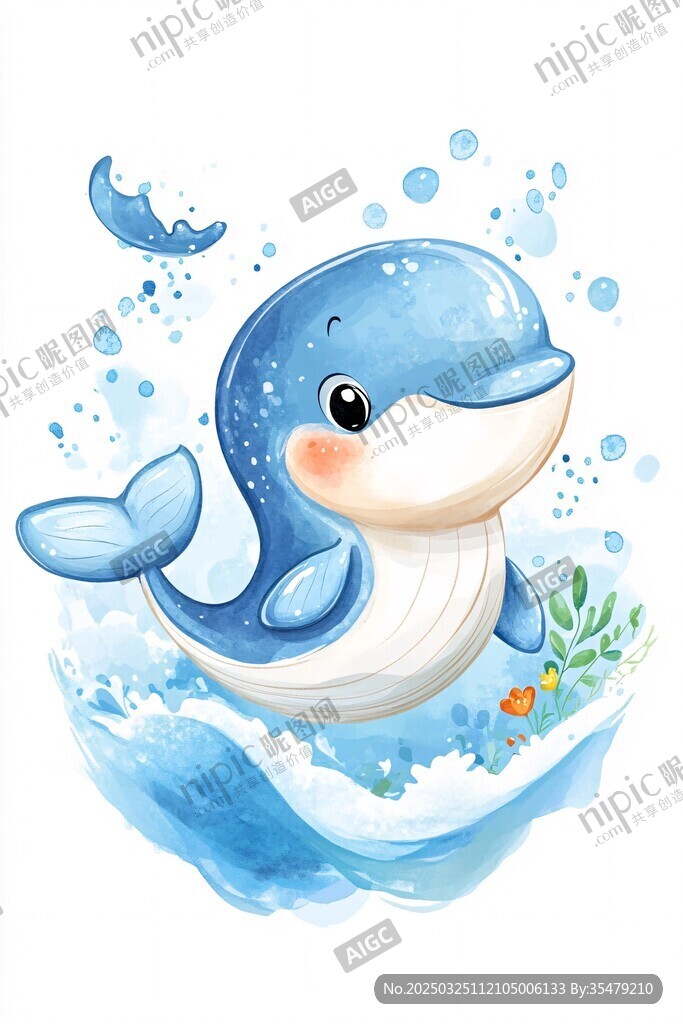 可愛小藍鯨暢游藍色海洋