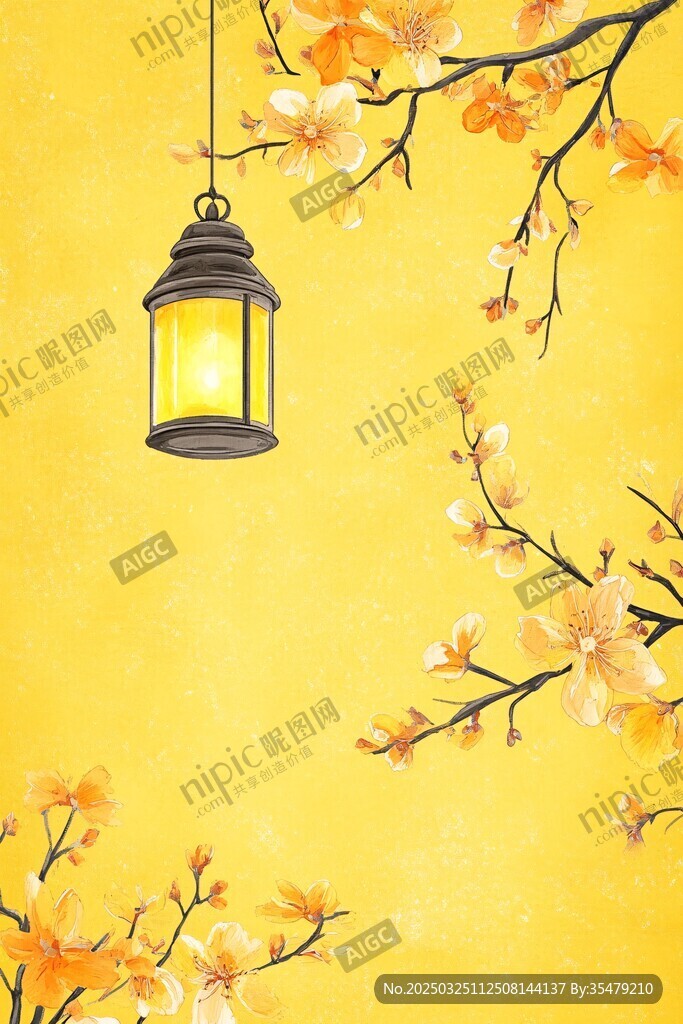 春日黃墻下的燈籠與花枝