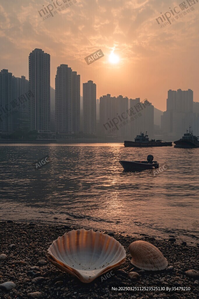 江畔落日下的貝殼與城市景