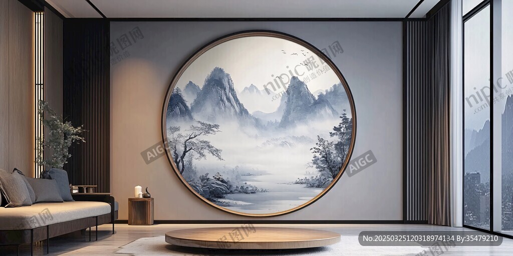 中式客廳中的山水圓壁畫(huà)