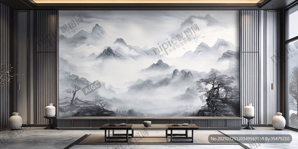 中式客廳水墨山水壁畫景致
