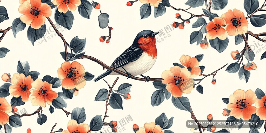 花鳥圖 枝頭小鳥伴繁花