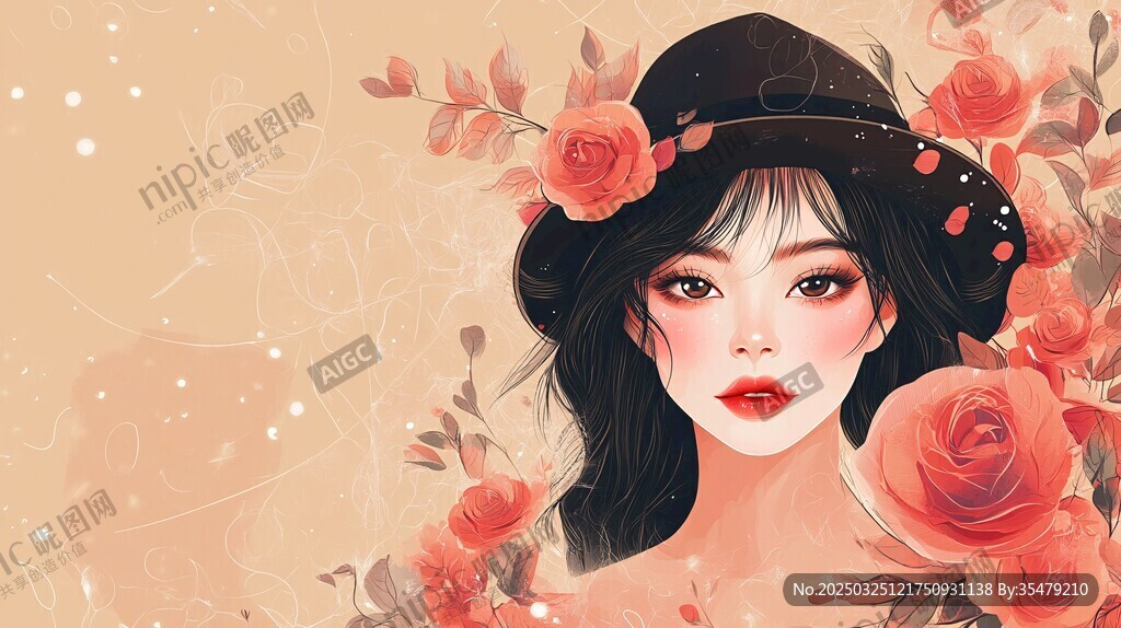 玫瑰少女插畫 浪漫氛圍感