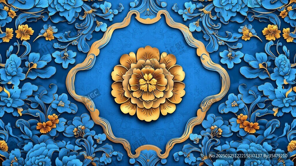 藍(lán)色雕花背景中的金色牡丹
