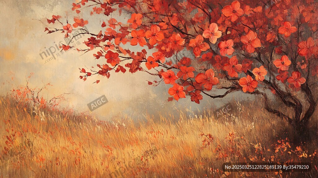 秋日紅樹映草地美景