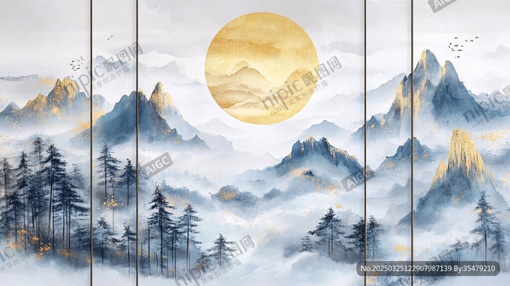 水墨山川映圓月美景