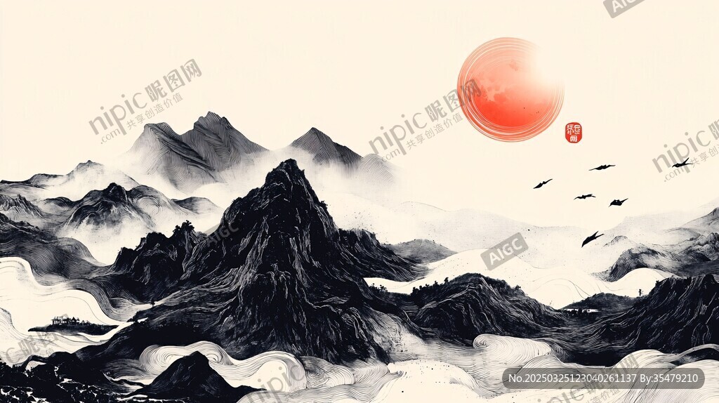 水墨山水間的紅日飛鳥