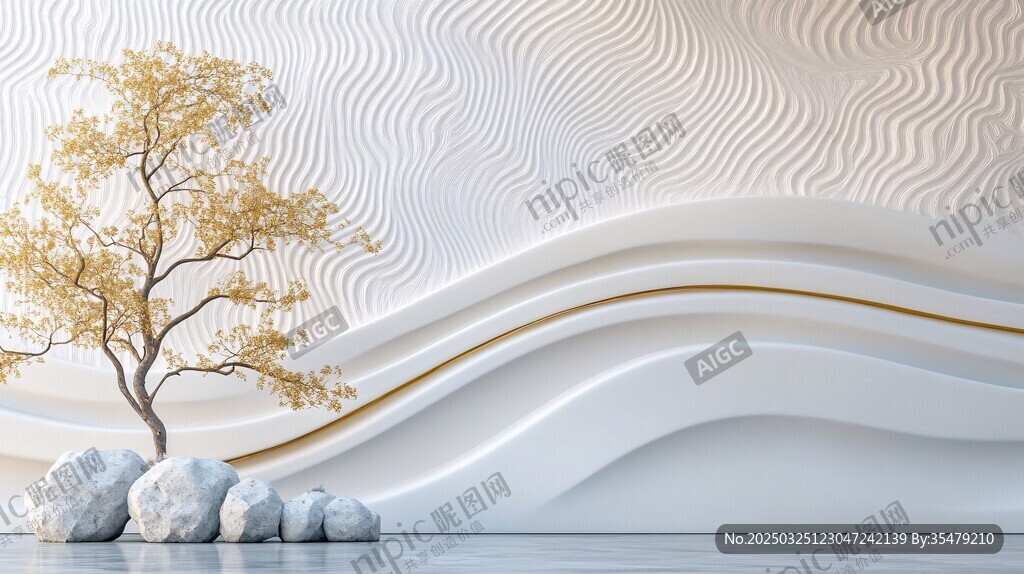 抽象墻面旁的樹石景觀