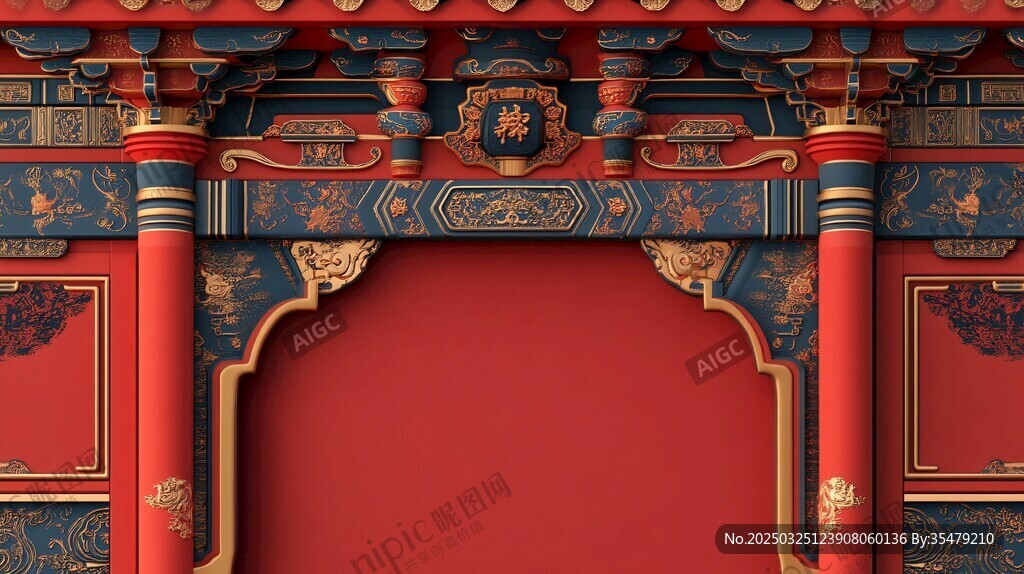 中式古典紅墻雕花建筑