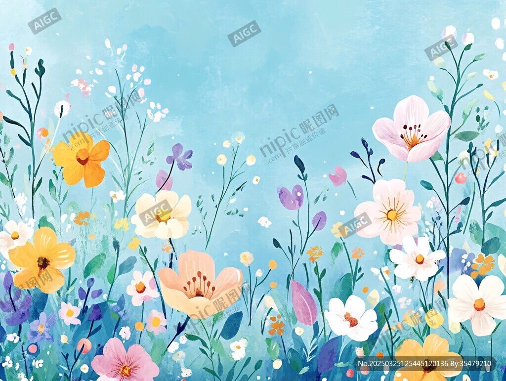 春日爛漫花卉插畫背景圖