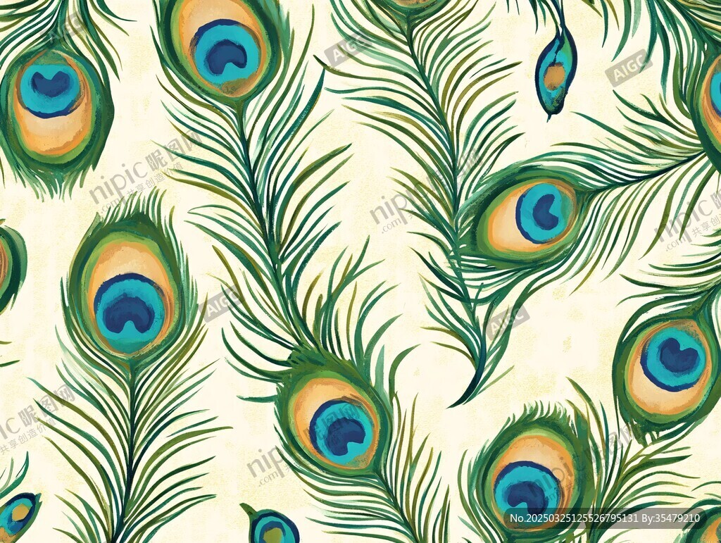孔雀羽毛水彩無縫圖案