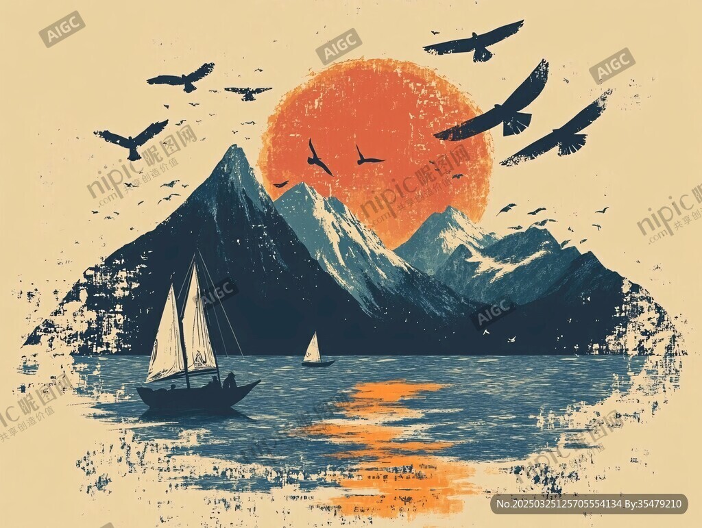 夕陽下的山海帆船飛鳥景