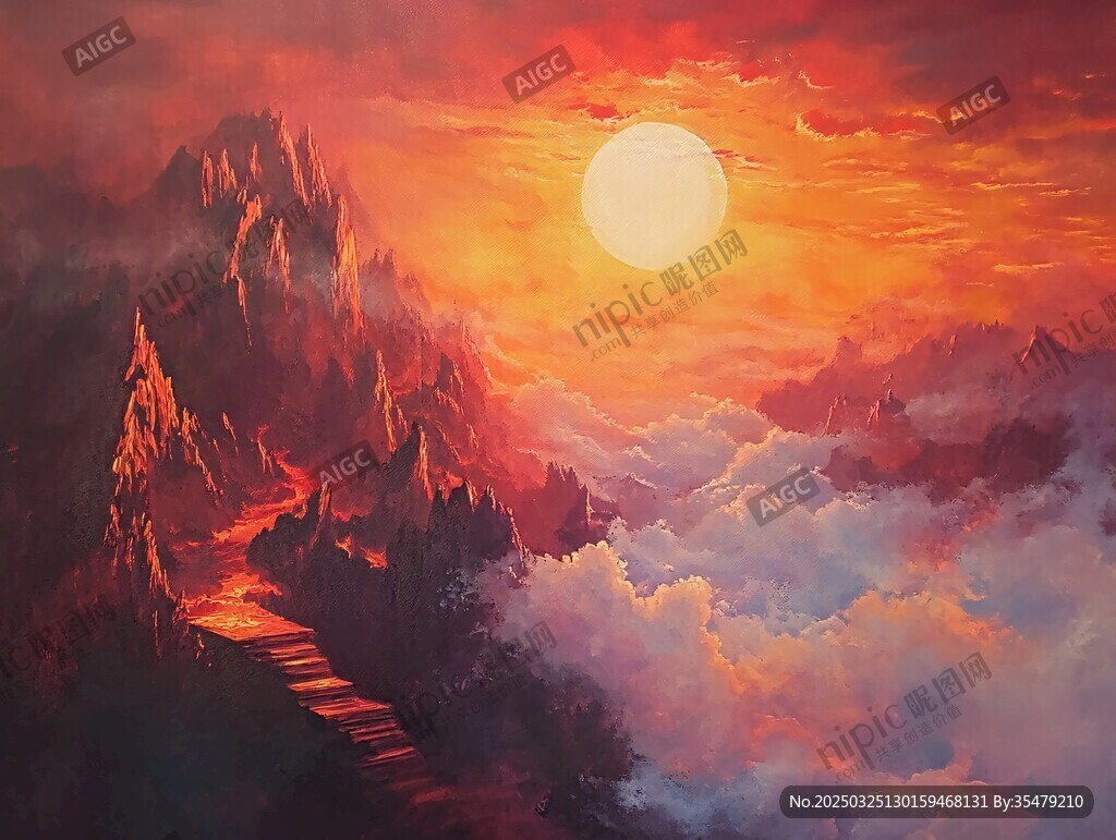 日出云海間的奇幻山峰