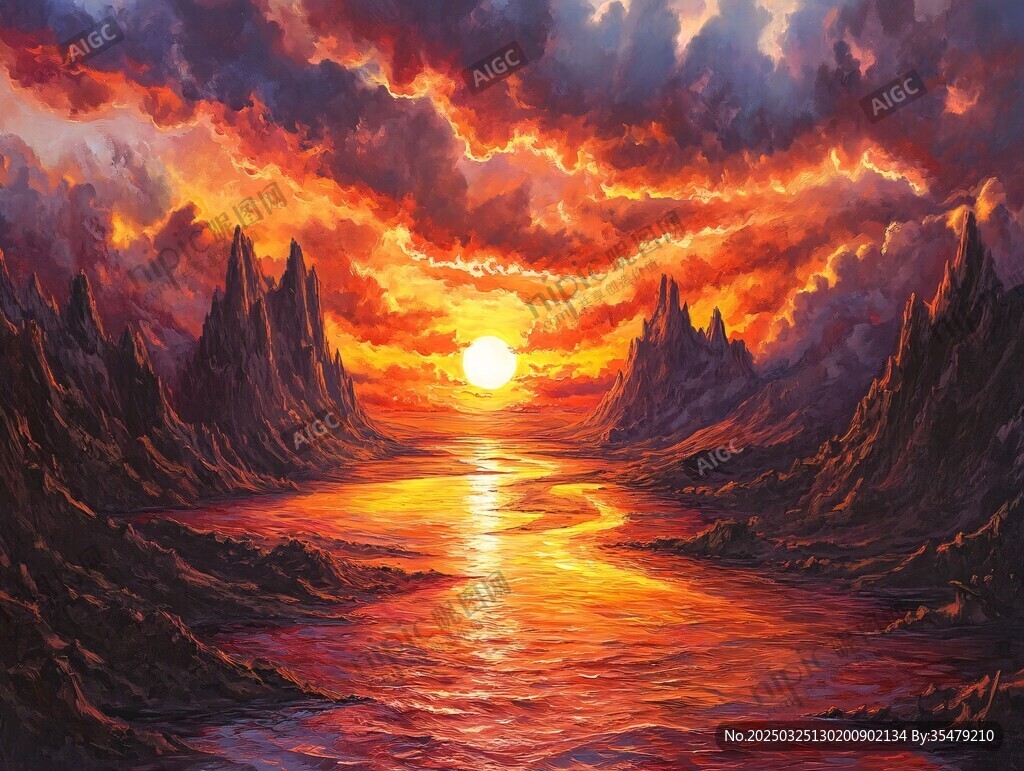 落日下的壯麗奇幻山水景