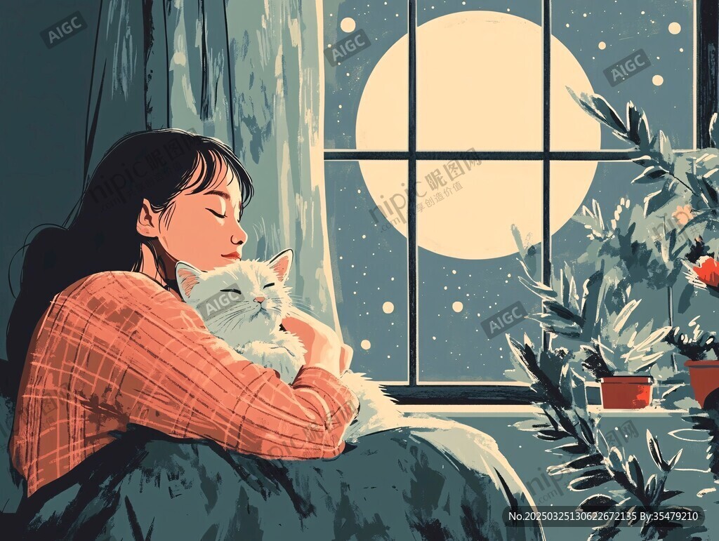 月夜下女孩與貓咪的溫馨時刻