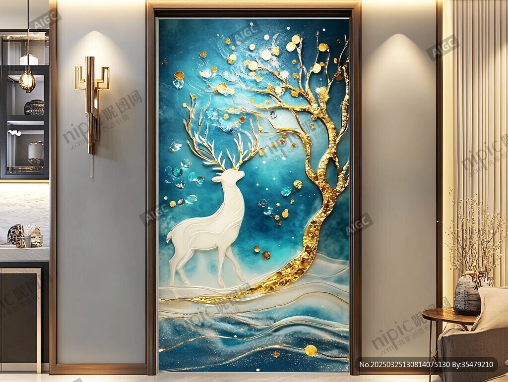夢幻金樹白鹿玄關裝飾畫
