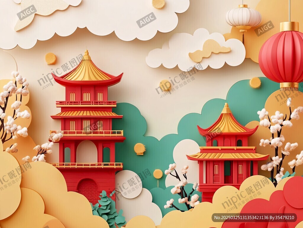 中式紙藝建筑賀歲場景