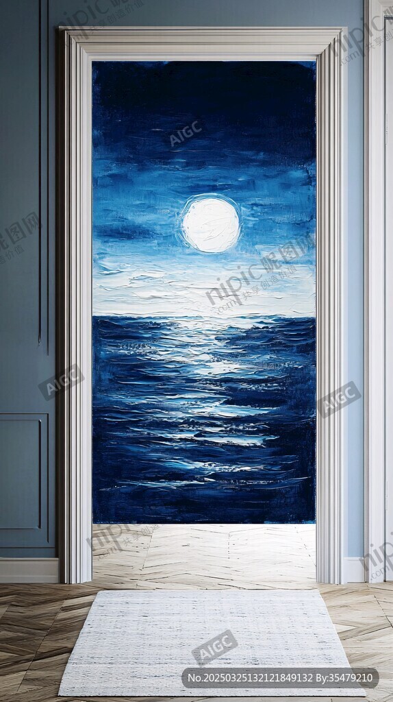月夜海景門貼畫