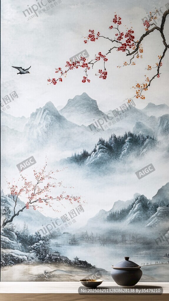 中式山水意境茶室背景圖