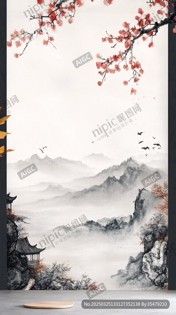 中式山水梅花意境裝飾畫