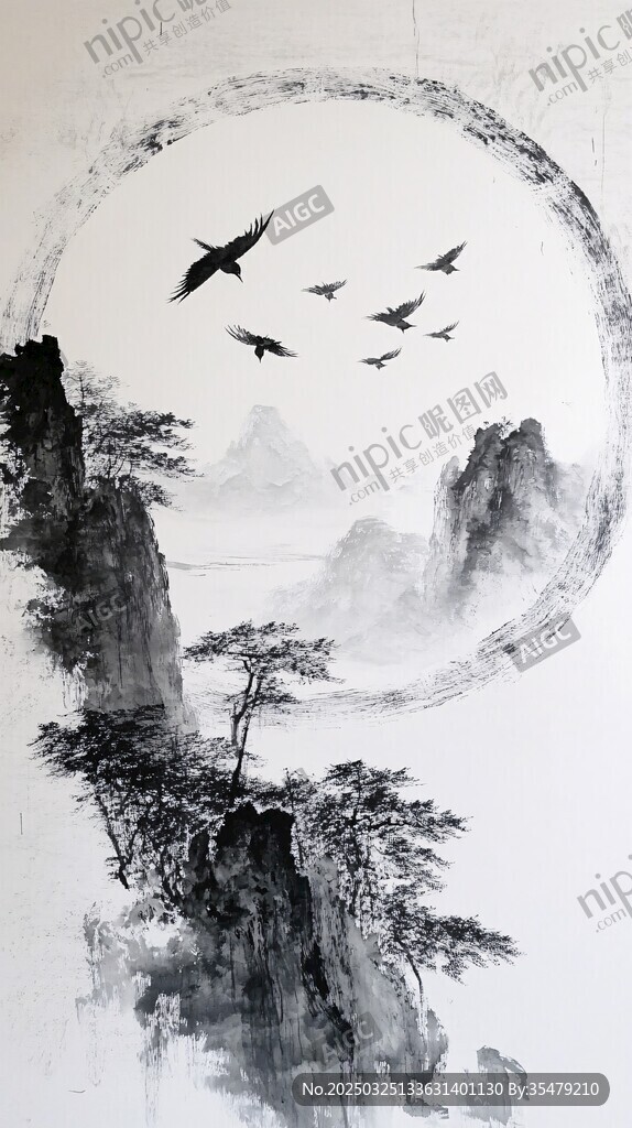墨韻山水間飛鳥(niǎo)伴月行